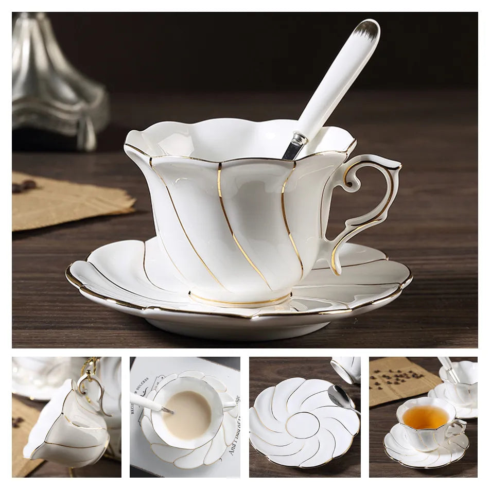 Europe Bone China Coffee Cup Saucer Spoon Set 200ml Luxury Ceramic Mug Top-grade Porcelain Tea Cup Cafe Teaware Party Drinkware