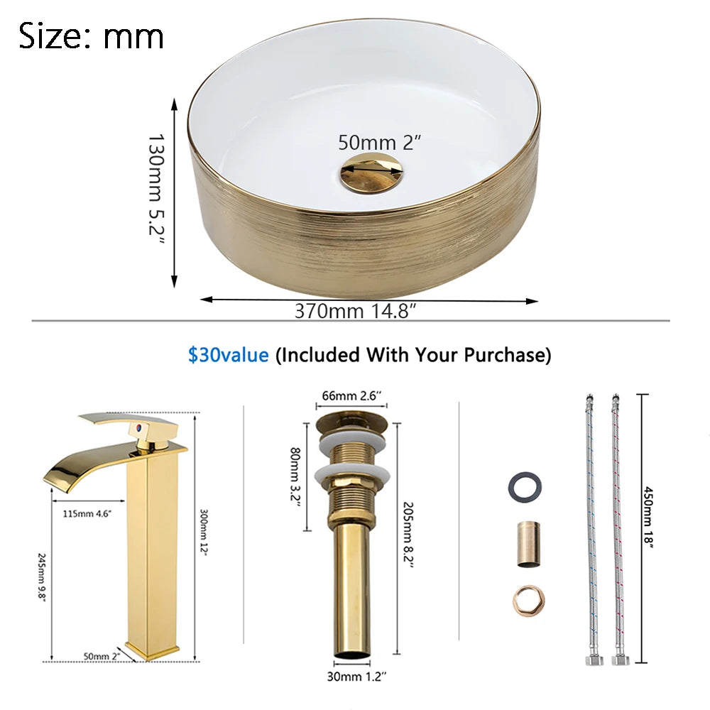 YANKSMART Gold Round Ceramic Bathroom Basin Vessel Vanit Countertop Golden Sink Mixer Waterfall Faucet w/ Pop-up Drain Combo Kit