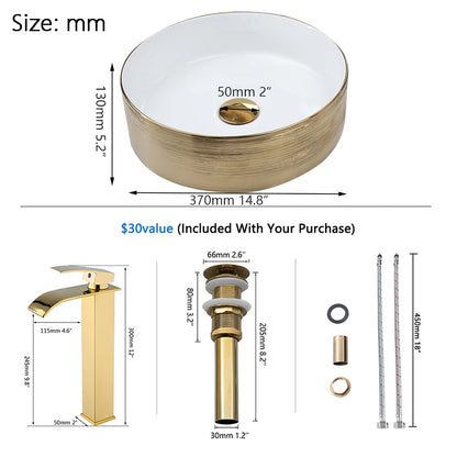 YANKSMART Gold Round Ceramic Bathroom Basin Vessel Vanit Countertop Golden Sink Mixer Waterfall Faucet w/ Pop-up Drain Combo Kit