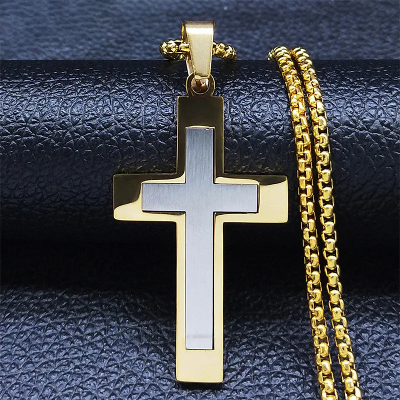 HNSP Stainless Steel Cross Pendant Chain Necklace For Men Christ Jesus Jewelry Catholic Crucifixes Rosaries Accessories