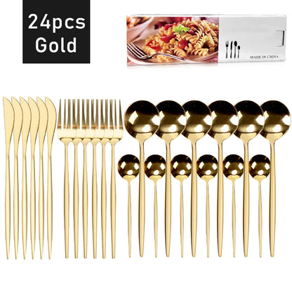 24pcs Gold Dinnerware Set Stainless Steel Tableware Set Knife Fork Spoon Flatware Set Cutlery Set Knife Fork Spoon Tea Spoon