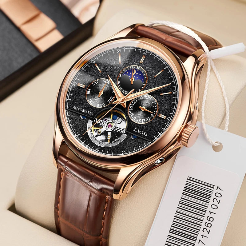 2024 LIGE Mens Watches Automatic Mechanical Watch Tourbillon Sport Clock Leather Casual Business Retro Wristwatch Relojes Hombre