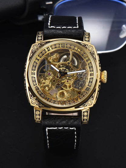 LONGLUX automatic watch retro style mechanical wristwatches skeleton carve waterproof leather mens watch