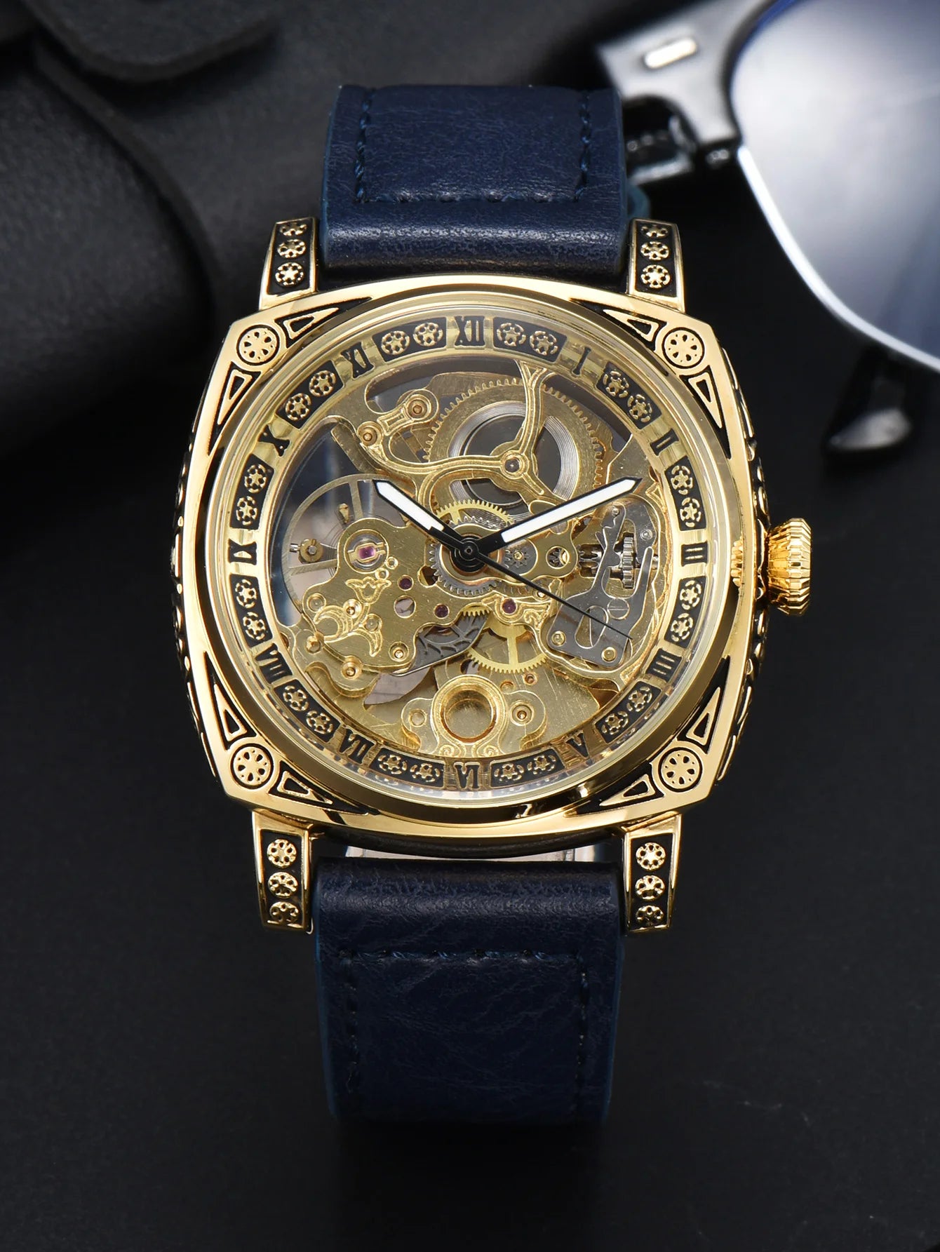 LONGLUX automatic watch retro style mechanical wristwatches skeleton carve waterproof leather mens watch