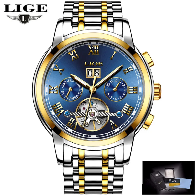 2024 LIGE Mens Watches Automatic Mechanical Watch Tourbillon Sport Clock Leather Casual Business Retro Wristwatch Relojes Hombre