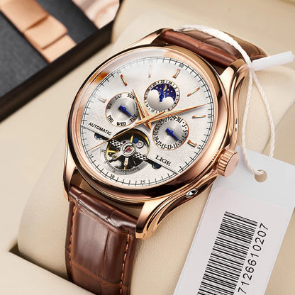 2024 LIGE Mens Watches Automatic Mechanical Watch Tourbillon Sport Clock Leather Casual Business Retro Wristwatch Relojes Hombre