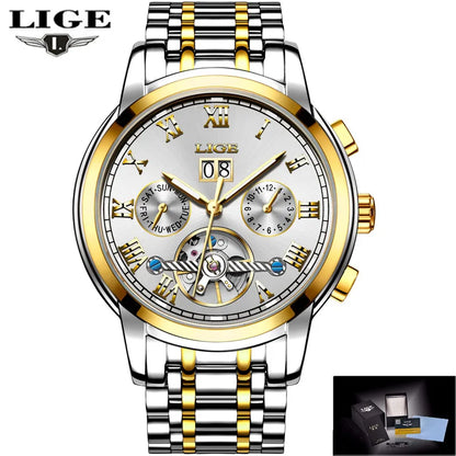 2024 LIGE Mens Watches Automatic Mechanical Watch Tourbillon Sport Clock Leather Casual Business Retro Wristwatch Relojes Hombre