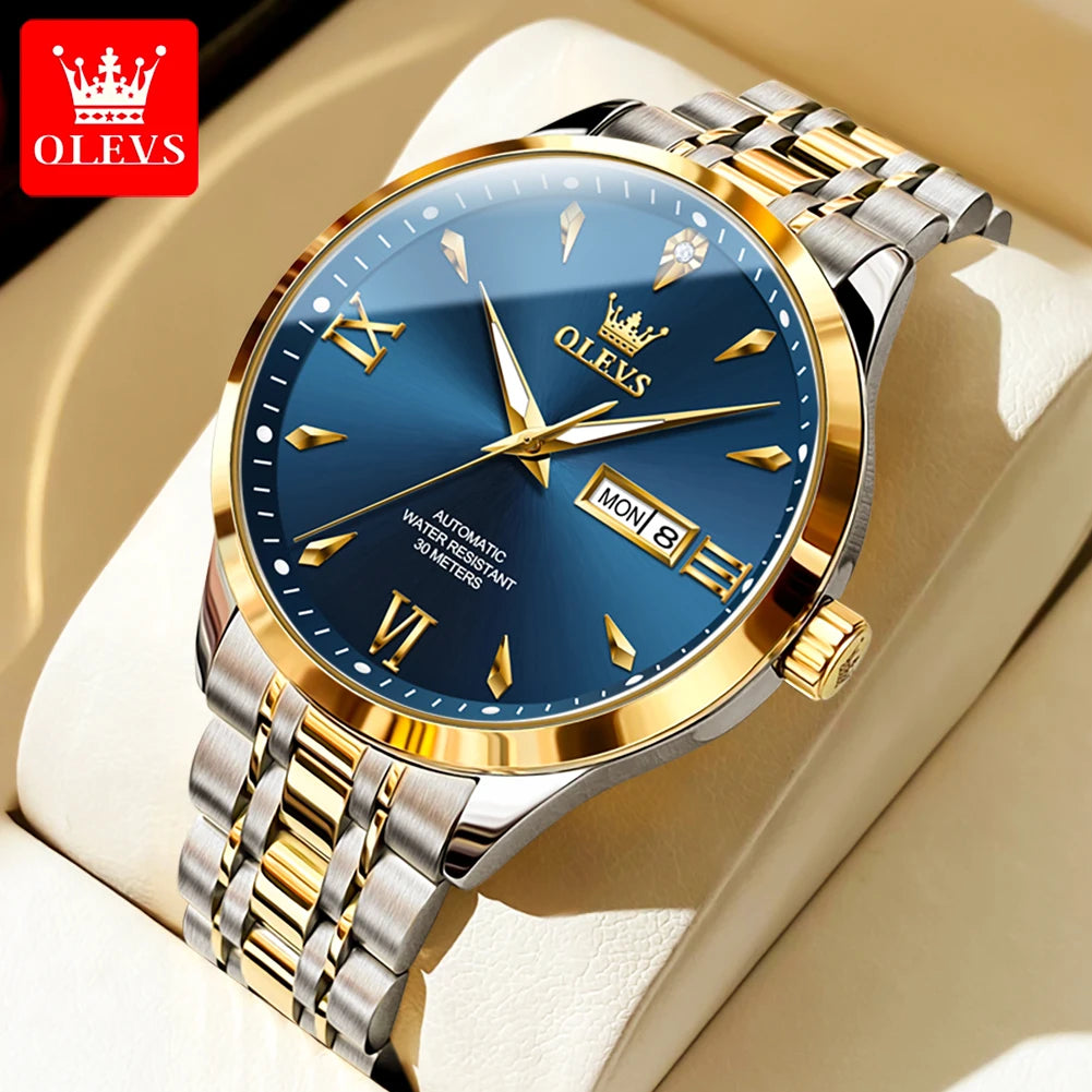 OLEVS 9956 Men's Watch Fashion Business Waterproof Luminous Date Week Display Automatic Mechanical Watch Luxury Gold Men's Watch