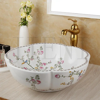 JIENI Art Ceramic Basin Set Spring Blossoms Design Washbasin Bathroom Sink Set Antique Brass Water Mixer Tap Faucet W/ Pop Drain