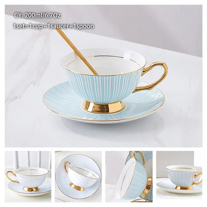 Europe Bone China Coffee Cup Saucer Spoon Set 200ml Luxury Ceramic Mug Top-grade Porcelain Tea Cup Cafe Teaware Party Drinkware