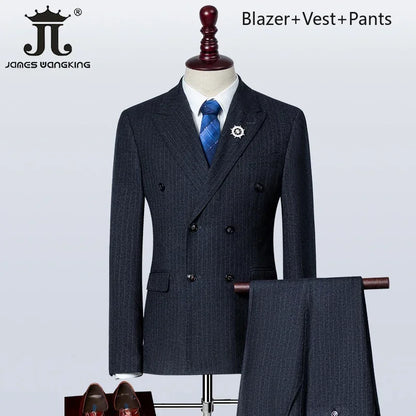 S-5XL ( Blazer + Vest + Pants ) Boutique British Style Mens Suit Plaid Groom Wedding Dress Business Casual Formal Suits 3Pcs Set