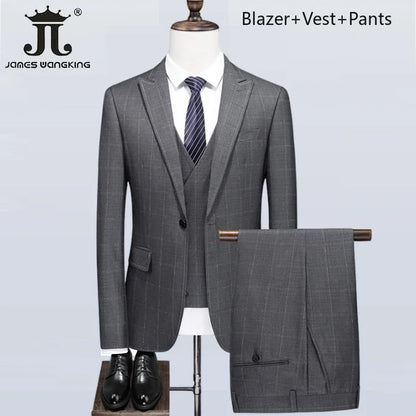 S-5XL ( Blazer + Vest + Pants ) Boutique British Style Mens Suit Plaid Groom Wedding Dress Business Casual Formal Suits 3Pcs Set