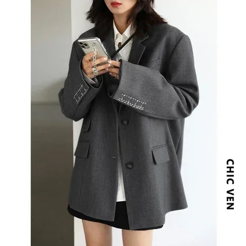 CHICVEN Women Office Lady Blazer Cuff Embroidery Wide Shoulder Twill Suit Women's Autumn Ladies Outerwear Stylish Tops