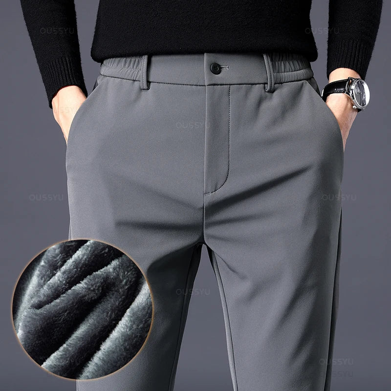 Winter Warm Men's Fleece Pants Thick Business Stretch Slim Fit Elastic Waist Jogger Korean Classic Black Gray Blue Trousers Male