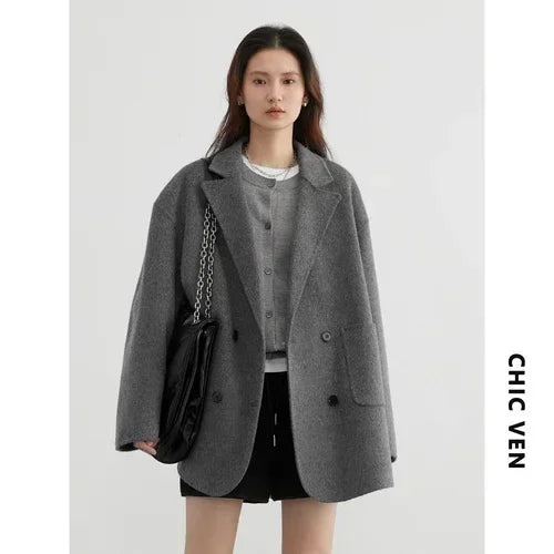 CHIC VEN Women's Woolen Coats Loose Casual Double Breasted Retro Double-sided Jacket Office Lady Outerwear Autumn Winter 2023