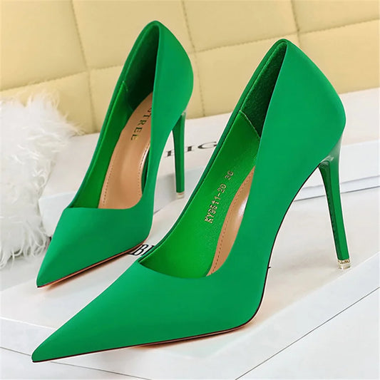 Women 7.5cm 10.5cm High Heels Scarpins Silk Satin Pumps Lady Quality Green Purple Fetish Wedding Bridal Mid Low Heels Prom Shoes