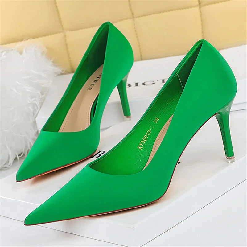 Women 7.5cm 10.5cm High Heels Scarpins Silk Satin Pumps Lady Quality Green Purple Fetish Wedding Bridal Mid Low Heels Prom Shoes