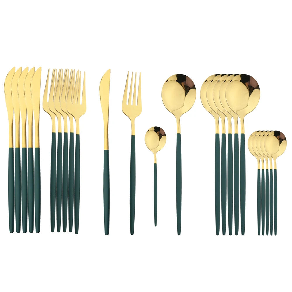 24Pcs Stainless Steel Dinnerware Set Kitchen Green Gold Cutlery Set Knife Fork Spoon Flatware Tableware Western Silverware Set