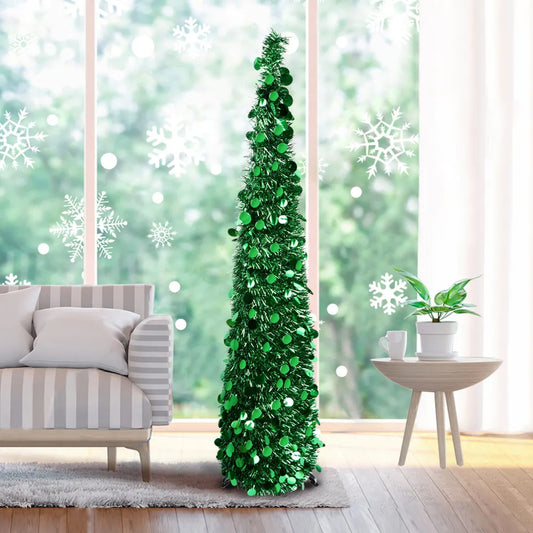 5FT Collapsible Pop Up Christmas Tree, Colorful Tinsel Christmas Tree with 60 LED Warm Lights for Christmas Decorations Indoor