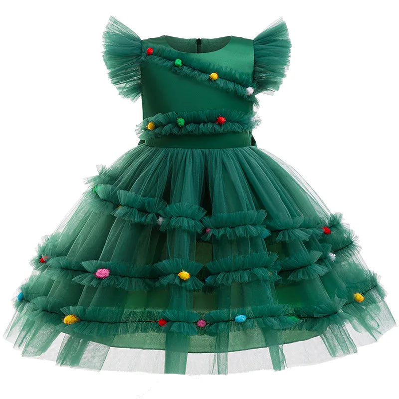 Christmas Girls' New Bow Polka Dot Applique Mesh Fly Sleeve Princess Dress School Party Fashionable Solid Color Evening Dress