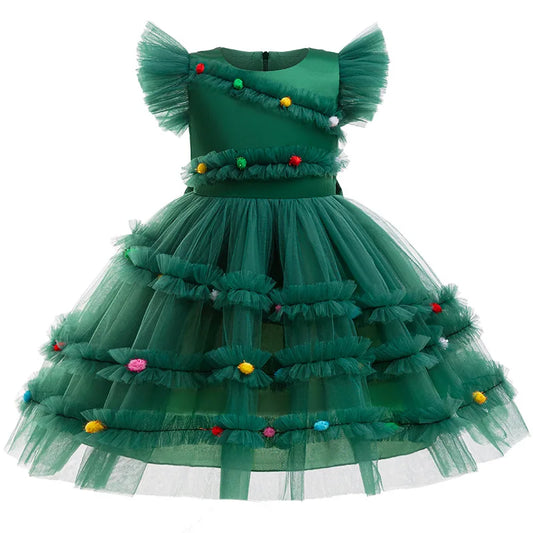 Christmas Girls' New Bow Polka Dot Applique Mesh Fly Sleeve Princess Dress School Party Fashionable Solid Color Evening Dress