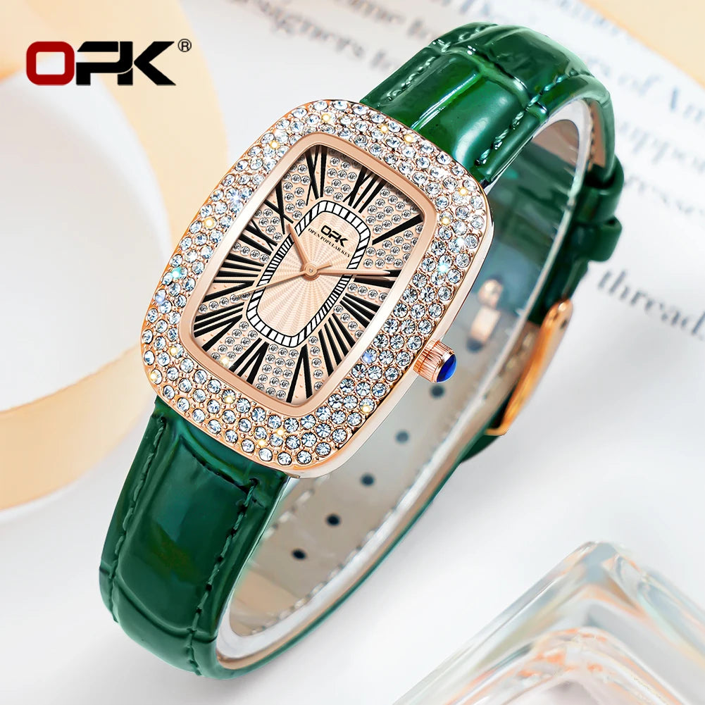 OPK Quartz Women's Watch Premium Business Soft Fashion Leather Strap Elegant Luxury Roman Scale Diamond Dial Women's Watch 8616