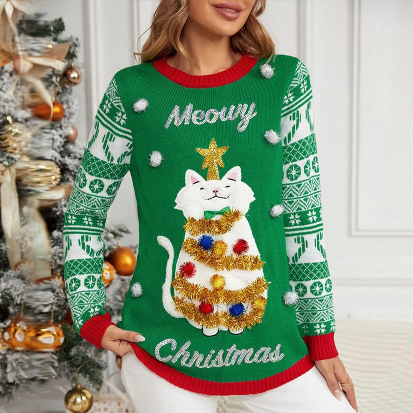 Sweater Women Christmas 2024 Ugly Sweater New Cartoon Cat Print O-Neck Autumn Winter Thick Loose Knitwears Tops Xmas Pullover