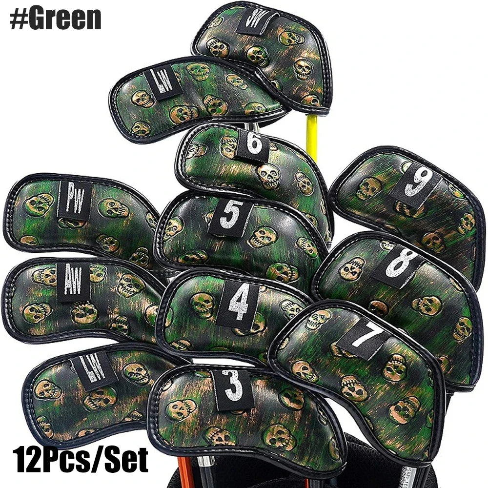 12x Skull Golf Iron Headcover Anti-Scratch Irons Guard Golf Club Head Coversiron Protectors Skull Embroidery PU Waterproof