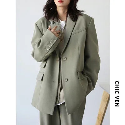 CHICVEN Women Office Lady Blazer Cuff Embroidery Wide Shoulder Twill Suit Women's Autumn Ladies Outerwear Stylish Tops