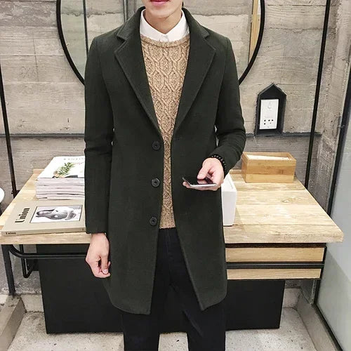 Men Long Cotton Coat 2023 Autumn Winter New Wool Blend Pure Color Casual Business Fashion Slim Windbreaker Jacket Men Clothing