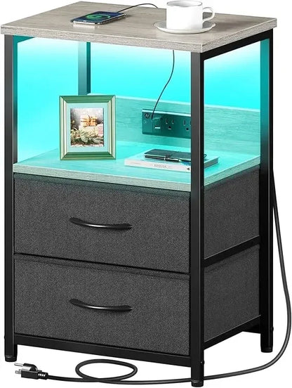 Nightstand with Charging Station, Bedside table with LED Lights, Night stand Fabric Drawers, Storage End Table for Bedroom