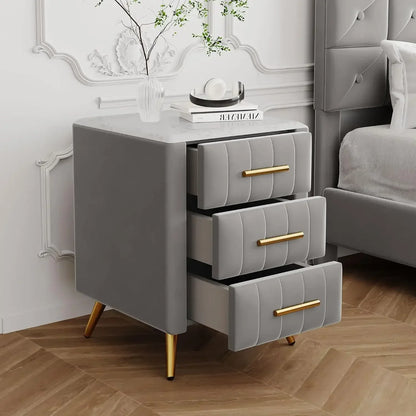 Nightstand with Drawers Set, Upholstered Wood Bedside End Table with Marbling Top, Nightstand