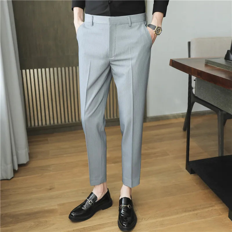 Men's Summer Slim Fit Solid Color Casual Pants Formal Office Business Wedding Social Suit Pants 9 Colors Ankle Long Trousers