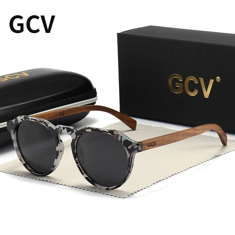 GCV Brand Advanced Walnut Wood Hawksbill Leopard Grain Frames Ultralight Sunglasses Men Women Female Polarized Delicate Fashion