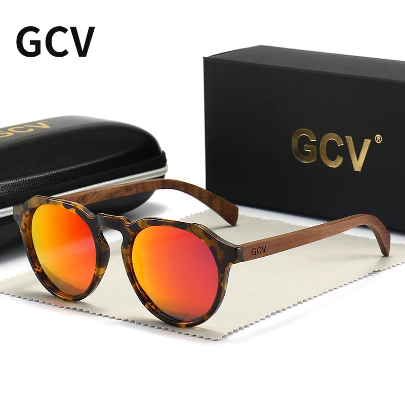 GCV Brand Advanced Walnut Wood Hawksbill Leopard Grain Frames Ultralight Sunglasses Men Women Female Polarized Delicate Fashion