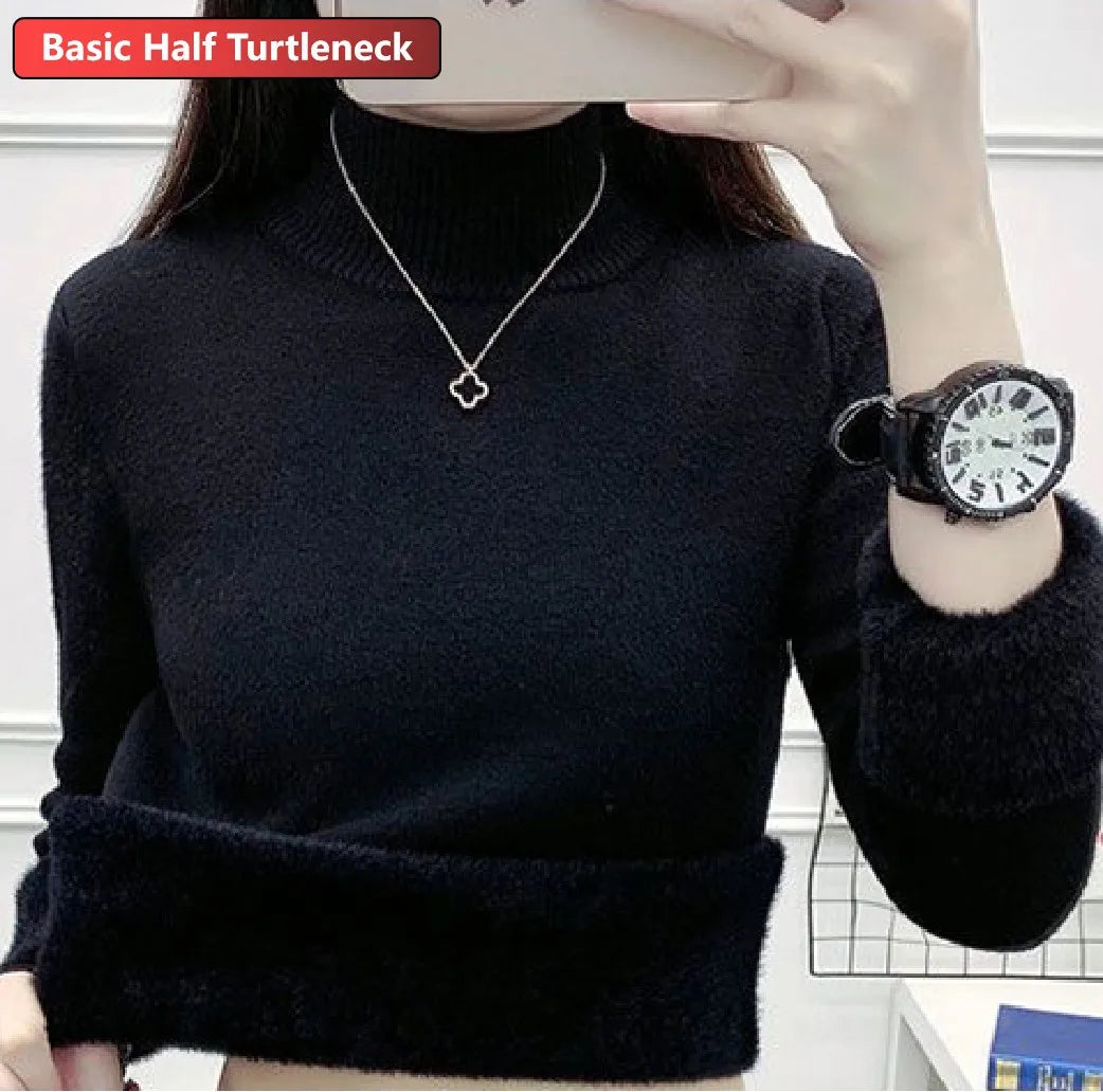 Half Turtleneck Sweater Winter Slim Thicken Knitwear Jumper Woman Soft Knit Pullovers Casual Plush Fleece Lined Warm Malhas Tops