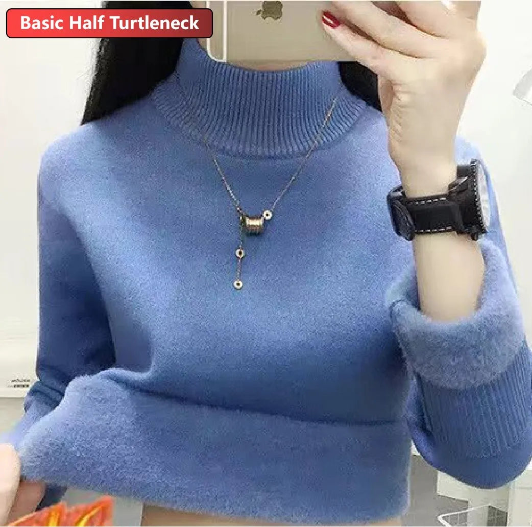 Half Turtleneck Sweater Winter Slim Thicken Knitwear Jumper Woman Soft Knit Pullovers Casual Plush Fleece Lined Warm Malhas Tops