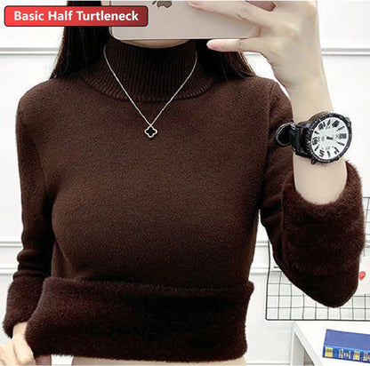 Half Turtleneck Sweater Winter Slim Thicken Knitwear Jumper Woman Soft Knit Pullovers Casual Plush Fleece Lined Warm Malhas Tops