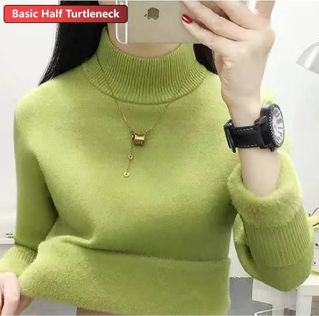 Half Turtleneck Sweater Winter Slim Thicken Knitwear Jumper Woman Soft Knit Pullovers Casual Plush Fleece Lined Warm Malhas Tops