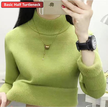 Half Turtleneck Sweater Winter Slim Thicken Knitwear Jumper Woman Soft Knit Pullovers Casual Plush Fleece Lined Warm Malhas Tops