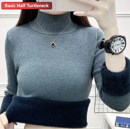 Half Turtleneck Sweater Winter Slim Thicken Knitwear Jumper Woman Soft Knit Pullovers Casual Plush Fleece Lined Warm Malhas Tops