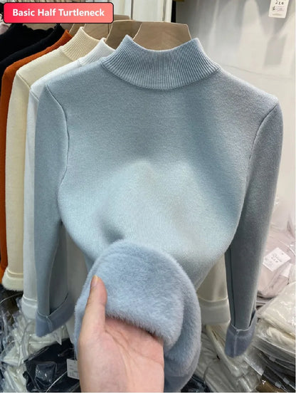 Half Turtleneck Sweater Winter Slim Thicken Knitwear Jumper Woman Soft Knit Pullovers Casual Plush Fleece Lined Warm Malhas Tops