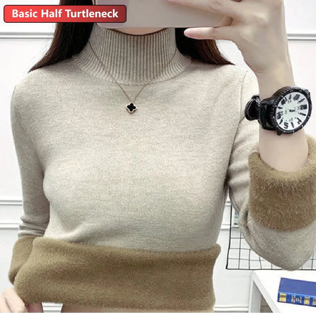 Half Turtleneck Sweater Winter Slim Thicken Knitwear Jumper Woman Soft Knit Pullovers Casual Plush Fleece Lined Warm Malhas Tops