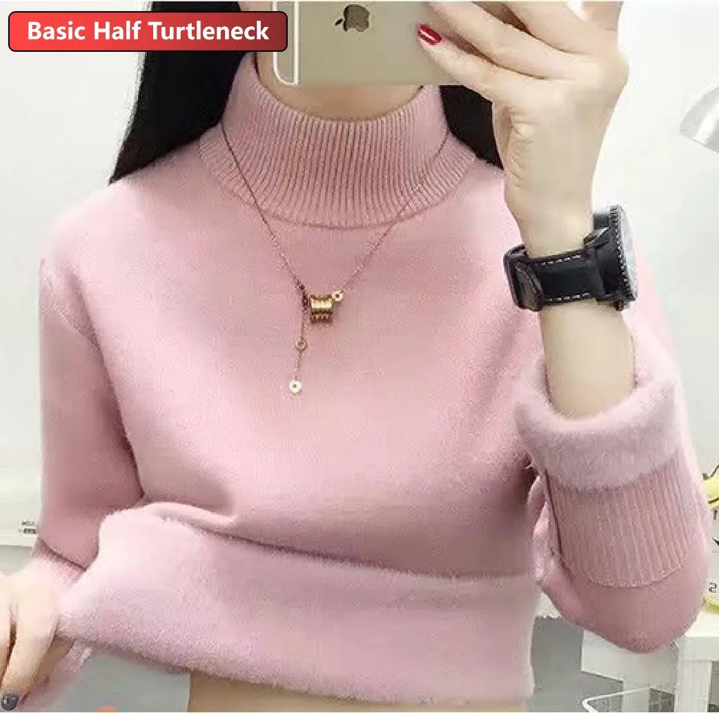 Half Turtleneck Sweater Winter Slim Thicken Knitwear Jumper Woman Soft Knit Pullovers Casual Plush Fleece Lined Warm Malhas Tops