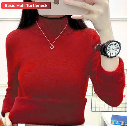 Half Turtleneck Sweater Winter Slim Thicken Knitwear Jumper Woman Soft Knit Pullovers Casual Plush Fleece Lined Warm Malhas Tops