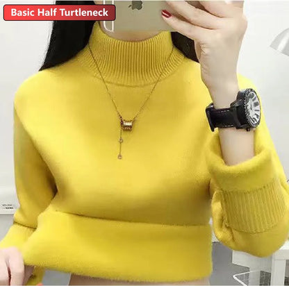 Half Turtleneck Sweater Winter Slim Thicken Knitwear Jumper Woman Soft Knit Pullovers Casual Plush Fleece Lined Warm Malhas Tops