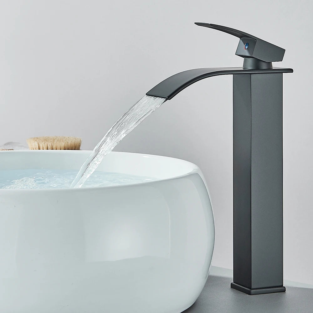 Matte Black Waterfall Basin Faucet Single Handle Mixer Hot Cold Water Basin Crane Tap For Bathroom Wash Basin Sink Mixer Tap