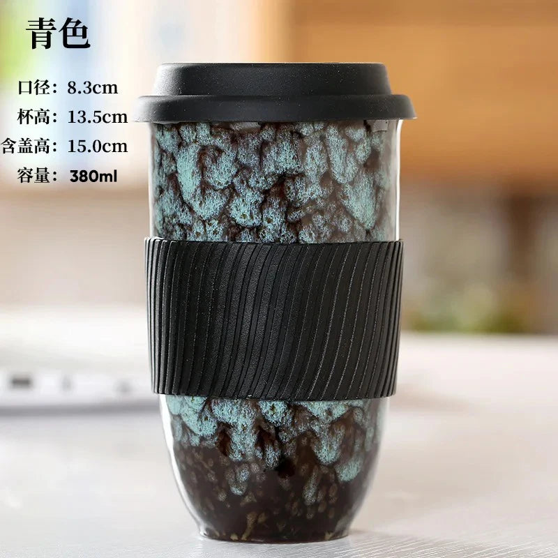 Large Ceramic Kiln Change Mug Cup With Lid Portable Couple Pottery Coffee Cups Water Mug Porcelain Milk Tea Mugs Gift