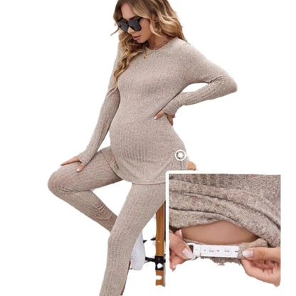 Women's Maternity Sets 2 Piece Outfits Long Sleeve Split Hem Top and Adjustable Elastic Waist Pants Maternity Clothes