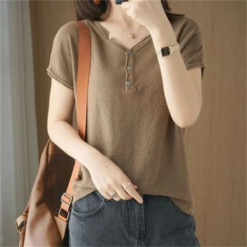 Summer 100% Cotton T-shirt Women Clothing Korean Style V-neck Short Sleeve T-shirts Woman Solid Casual Basic Shirt Lady Tops